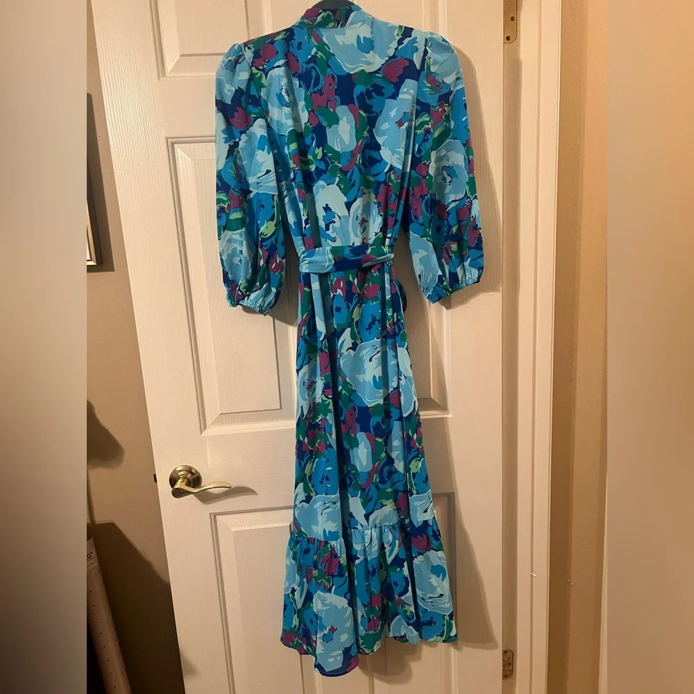 NWOT Blue Multicolor Floral Button Down 3/4 Puff Sleeve Easter Maxi Dress Small - Picture 10 of 12